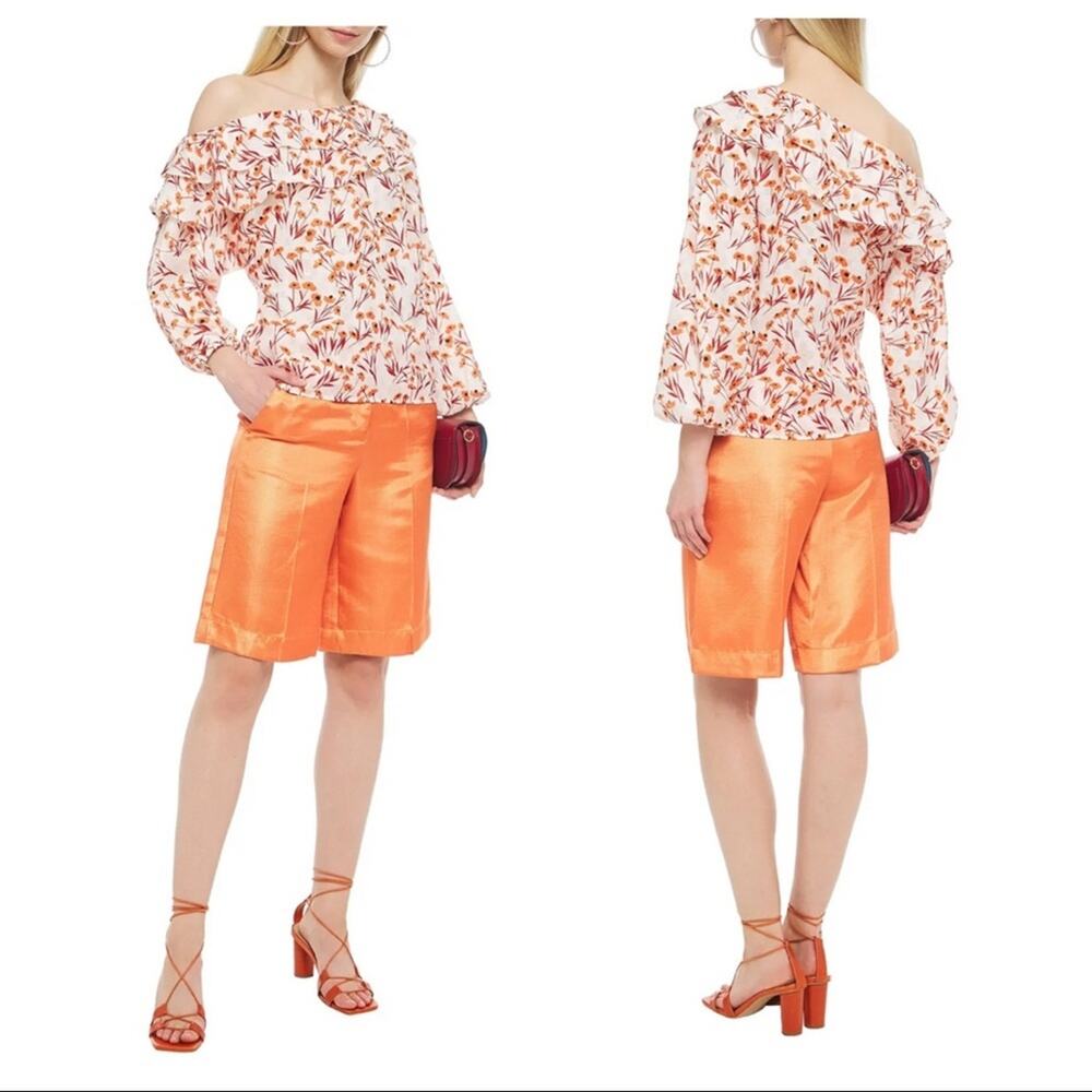 MAJE Laurane one-shoulder ruffled metallic fil coupé floral-jacquard top size 2